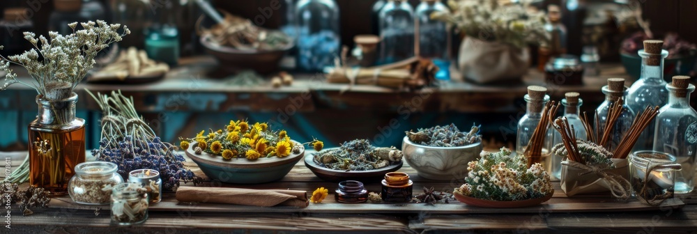 Herbal apothecary display, complete with organic cosmetics, freshly gathered and dried herbs Herbal apothecary display, complete with organic cosmetics, freshly gathered and dried herbs