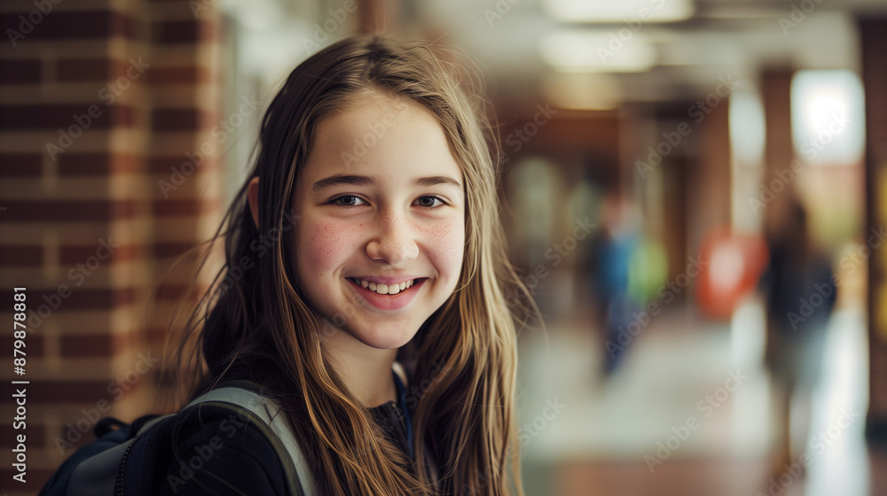 Smiling girl with blue backpack in front of her school, sunlight creating beautiful shadows Smiling girl with blue backpack in front of her school, sunlight creating beautiful shadows