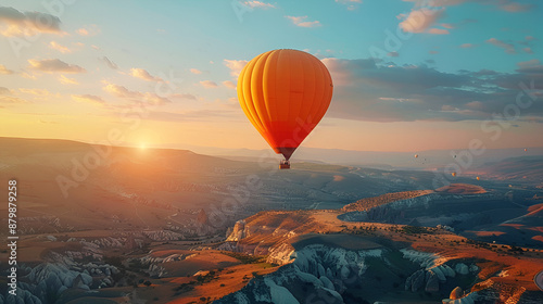 Gorgeous, inspirational scenery with hot air balloons soaring overhead, a destination for travel