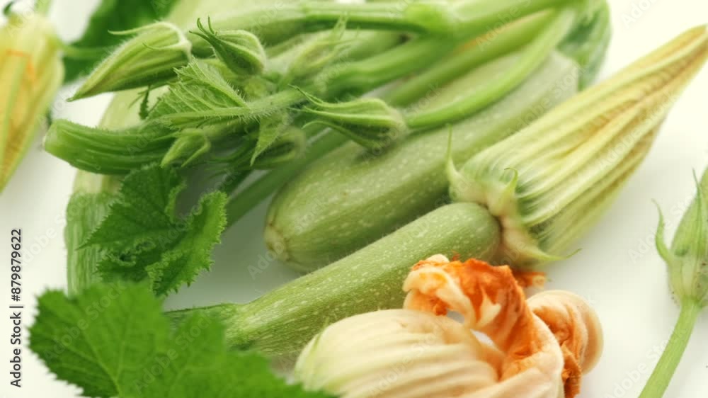 Close up top view of rotation small green zucchini with yellow flower on white background. Healthy food concept Close up top view of rotation small green zucchini with yellow flower on white background. Healthy food concept
