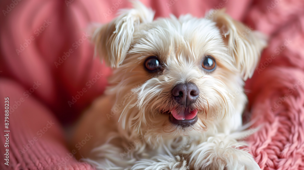 white fluffy dog on a pink knitted blanket white fluffy dog on a pink knitted blanket