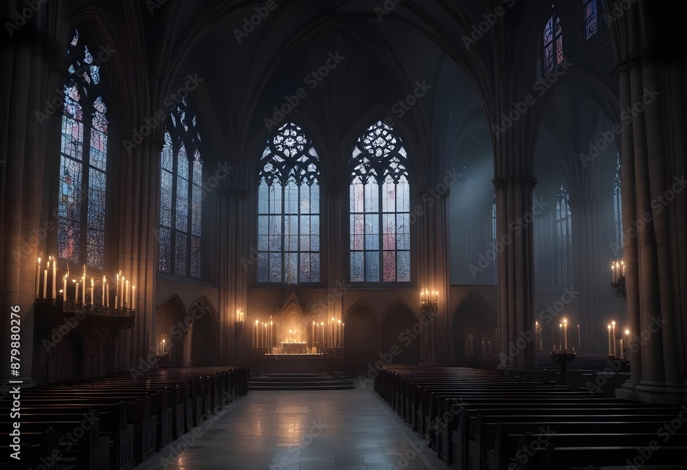 Fototapeta premium A dark, gothic cathedral interior with tall arched windows, candles, and a mysterious, ethereal atmosphere