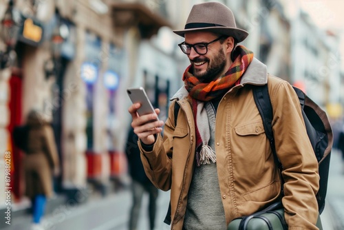 Happy traveler using mobile phone while walking