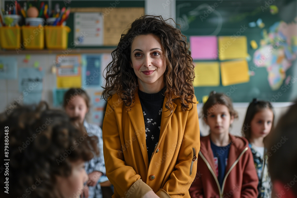Fototapeta premium Teacher is smiling at her pupils while standing in a classroom full of elementary school students