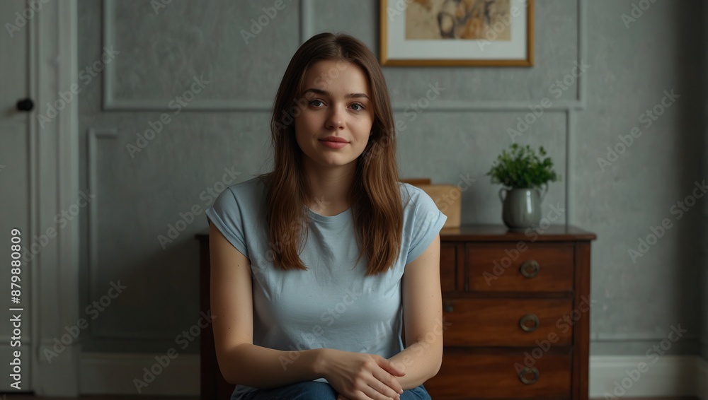 Young woman sitting near chest of drawers and holding empty frame in room Young woman sitting near chest of drawers and holding empty frame in room