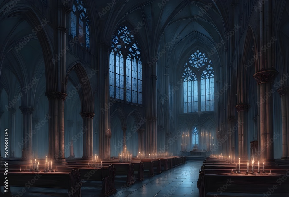 Fototapeta premium A dark, gothic cathedral interior with tall arched windows, candles, and a mysterious, ethereal atmosphere