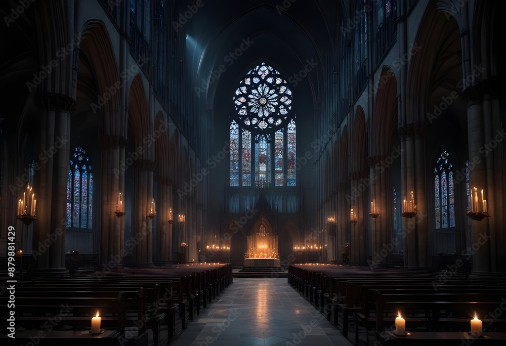 A dark, gothic cathedral interior with tall arched windows, candles, and a mysterious, ethereal atmosphere A dark, gothic cathedral interior with tall arched windows, candles, and a mysterious, ethereal atmosphere