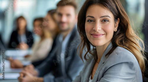 Businesswoman confidently leading a team meeting, highly professional photo picture emphasizing sharp focus and clear expressions, businesswoman, with copy space © Kateryna