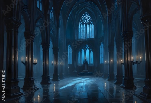 A dark, gothic cathedral interior with tall arched windows, candles, and a mysterious, ethereal atmosphere