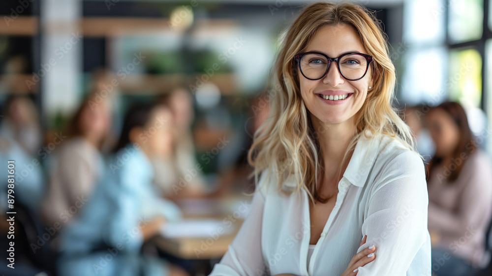 Fototapeta premium Businesswoman confidently leading a team meeting, highly professional photo picture emphasizing sharp focus and clear expressions, businesswoman, with copy space