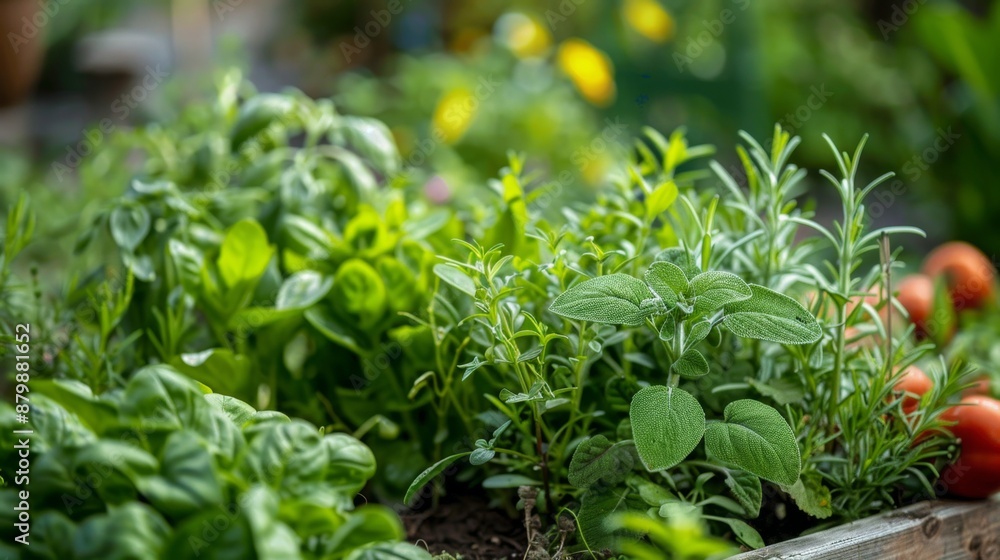 A backyard garden with fresh herbs and vegetables, promoting homegrown and sustainable food A backyard garden with fresh herbs and vegetables, promoting homegrown and sustainable food