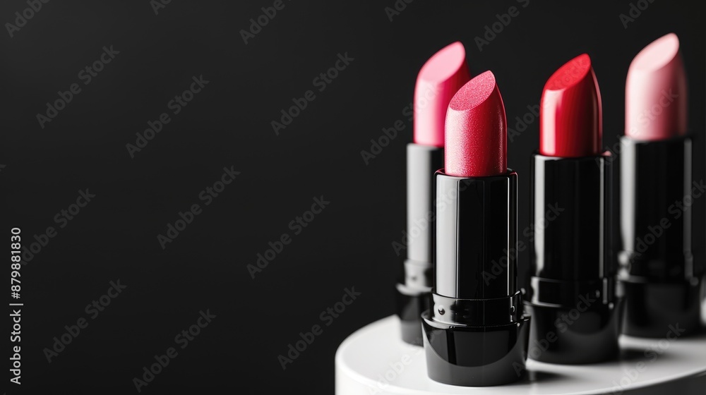Obraz premium Pink matte lipsticks on white stand against black backdrop Beauty industry concept Elegant makeup accessory close up Copy space