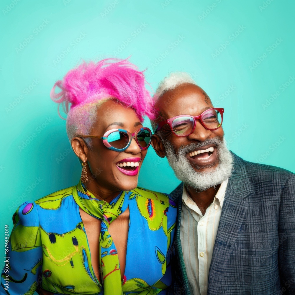 Elderly couple with colorful hair and stylish glasses, laughing joyfully against a turquoise background, showcasing vibrant personalities. Diverse and inclusive. Elderly couple with colorful hair and stylish glasses, laughing joyfully against a turquoise background, showcasing vibrant personalities. Diverse and inclusive.