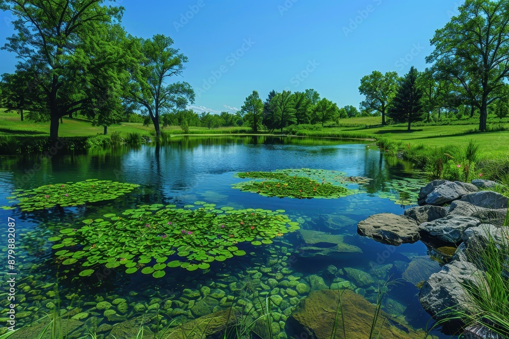 Fototapeta premium A serene lake with crystal-clear water and thriving aquatic plants, showing successful water conservation. 