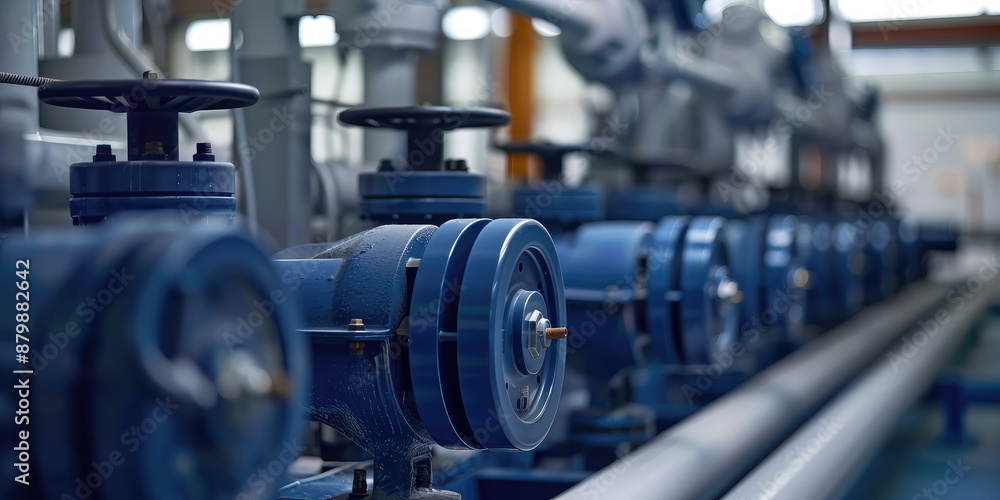 Closeup Pumps and motors in a water distribution facility. Water distribution plant, industry, factory Closeup Pumps and motors in a water distribution facility. Water distribution plant, industry, factory
