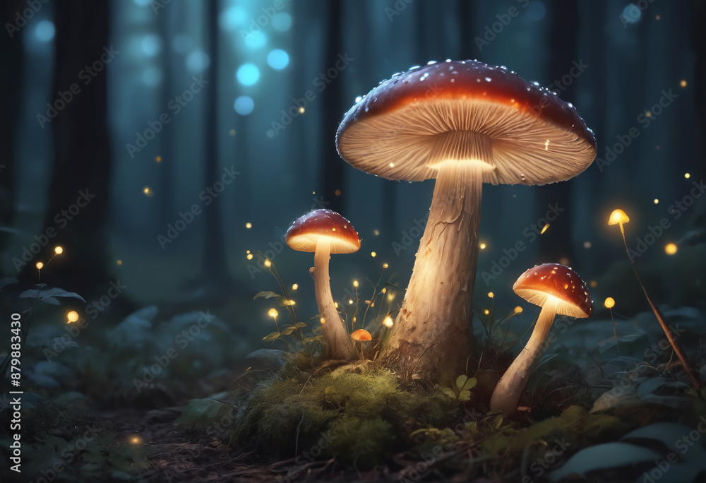 Fototapeta premium Close-up of a glowing mushroom with fireflies in magical forest at night, blurred background