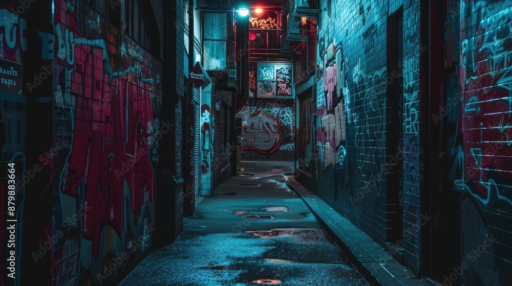 Cyberpunk-themed graffiti on the walls of a dark alley Cyberpunk-themed graffiti on the walls of a dark alley
