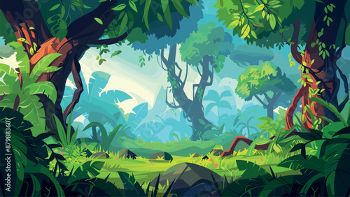 South America Forest Jungle Cartoon Game Background Tropical Rainforest Amazon Wildlife Adventure Illustration Lush Vegetation Exotic Wilderness Scenic Nature Exploration Dense