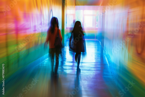 Young students walking with a sense of sadness in a vibrant school corridor, highlighting feelings of isolation and emotional challenges. Inspires compassion for those facing bullying