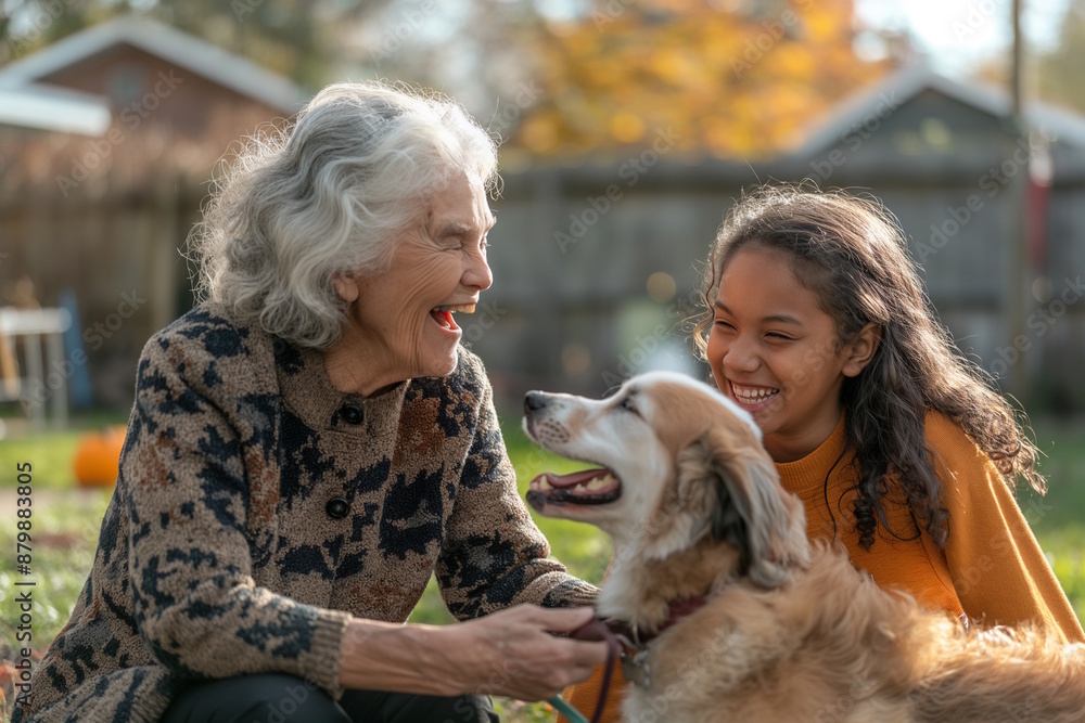 Elderly Hispanic woman and young girl laughing and playing with a dog in a sunny backyard. Concept of family bonding, joy, and pet companionship Elderly Hispanic woman and young girl laughing and playing with a dog in a sunny backyard. Concept of family bonding, joy, and pet companionship