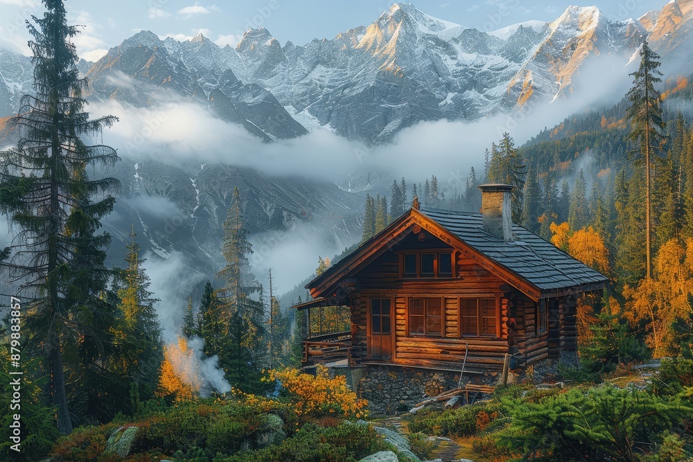A serene mountain cabin surrounded by pine trees, with smoke gently rising from the chimney and snow-capped peaks in the distance. A serene mountain cabin surrounded by pine trees, with smoke gently rising from the chimney and snow-capped peaks in the distance.