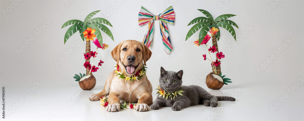 Naklejka premium Tropical photoshoot - Labrador dog and Gray Cat in Hawaiian themed studio with beach and summer decor on a white background with copy space.