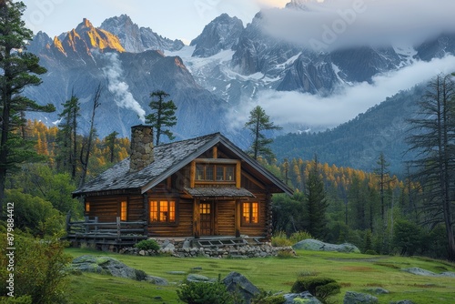 A serene mountain cabin surrounded by pine trees, with smoke gently rising from the chimney and snow-capped peaks in the distance. © Nico