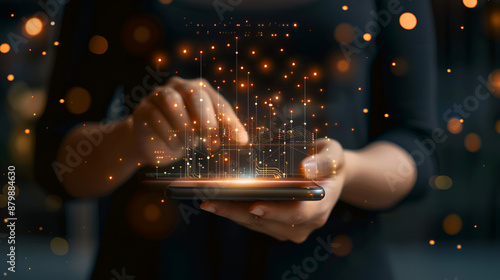 Entrepreneurs utilize mobile smartphones and icon network connections for data analysis and business planning, growth graph customers, digital marketing, online banking, and payment processing.