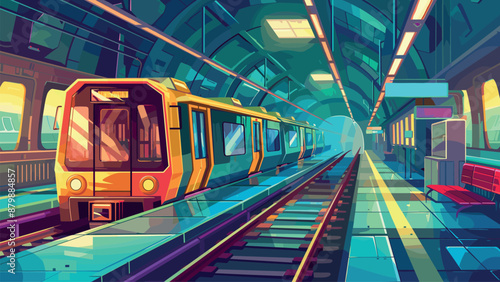 Subway Station, a Train Rides on an Underground Railway Cartoon Game Background Urban Transport Subway Train Underground Tunnel Platform Commuter Travel City Infrastructure
