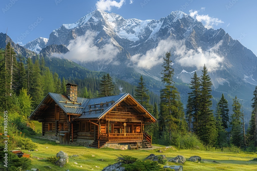 A serene mountain cabin surrounded by pine trees, with smoke gently rising from the chimney and snow-capped peaks in the distance. A serene mountain cabin surrounded by pine trees, with smoke gently rising from the chimney and snow-capped peaks in the distance.
