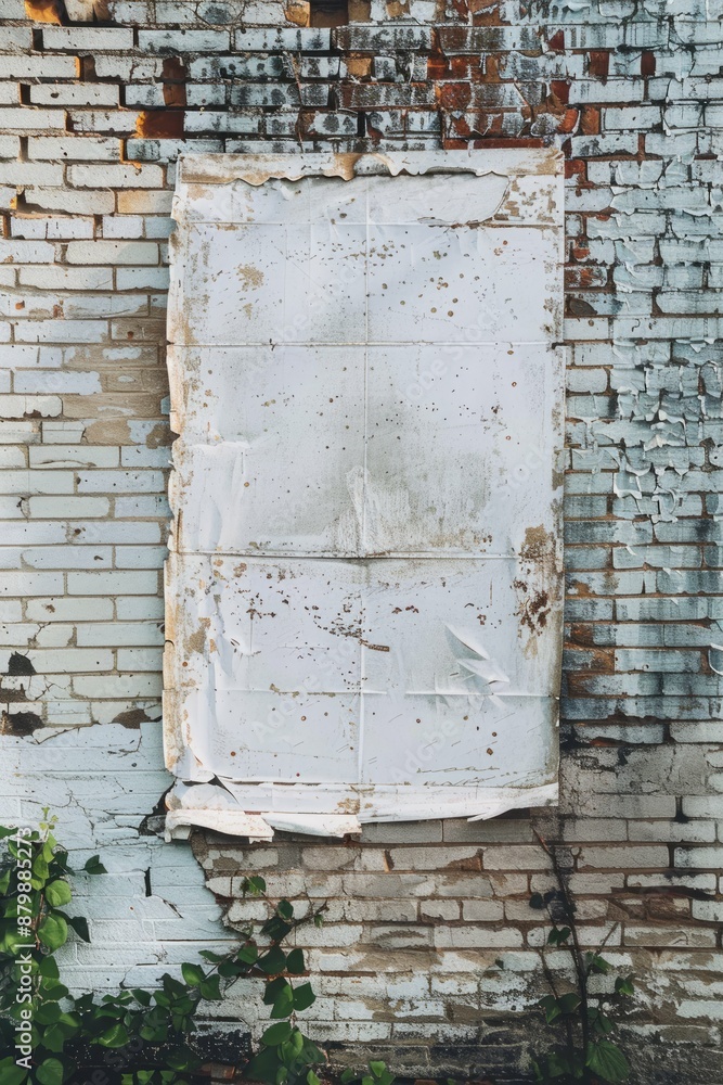 Naklejka premium Showcasing a grungy poster paper sheet hanging as an empty announcement sign on a distressed