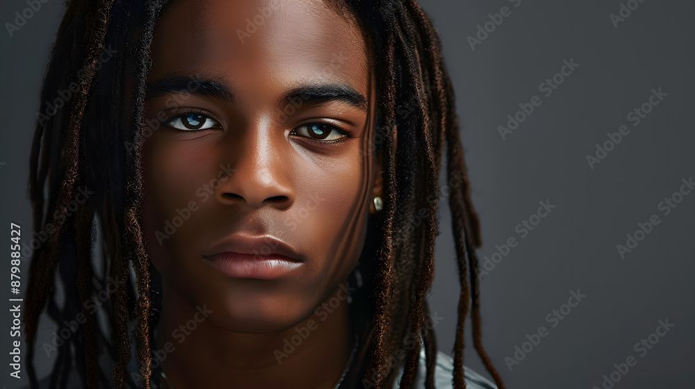 Portrait of a serious, troubled African-American teenage guy with long hair and perfect skin, gray background, banner. Portrait of a serious, troubled African-American teenage guy with long hair and perfect skin, gray background, banner.