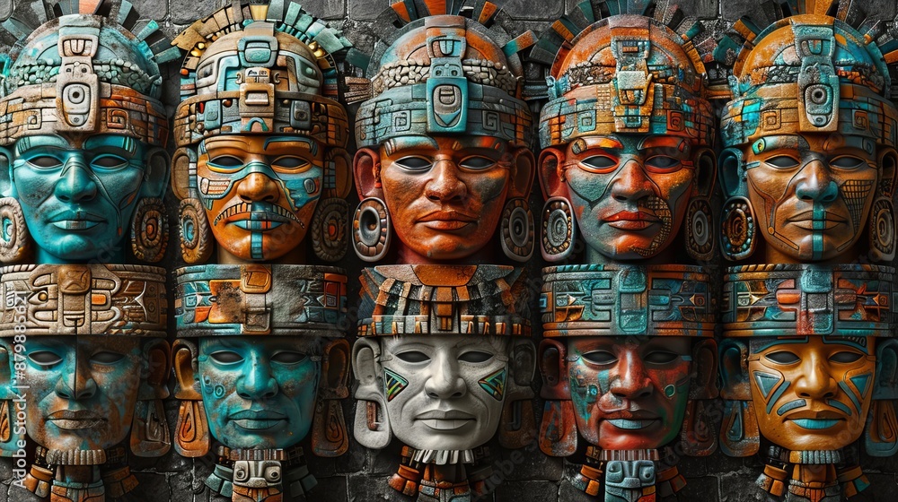 Mayan Stone Masks on a Wall Mayan Stone Masks on a Wall
