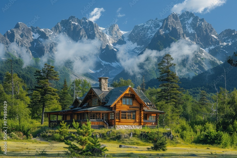 A serene mountain cabin surrounded by pine trees, with smoke gently rising from the chimney and snow-capped peaks in the distance. A serene mountain cabin surrounded by pine trees, with smoke gently rising from the chimney and snow-capped peaks in the distance.