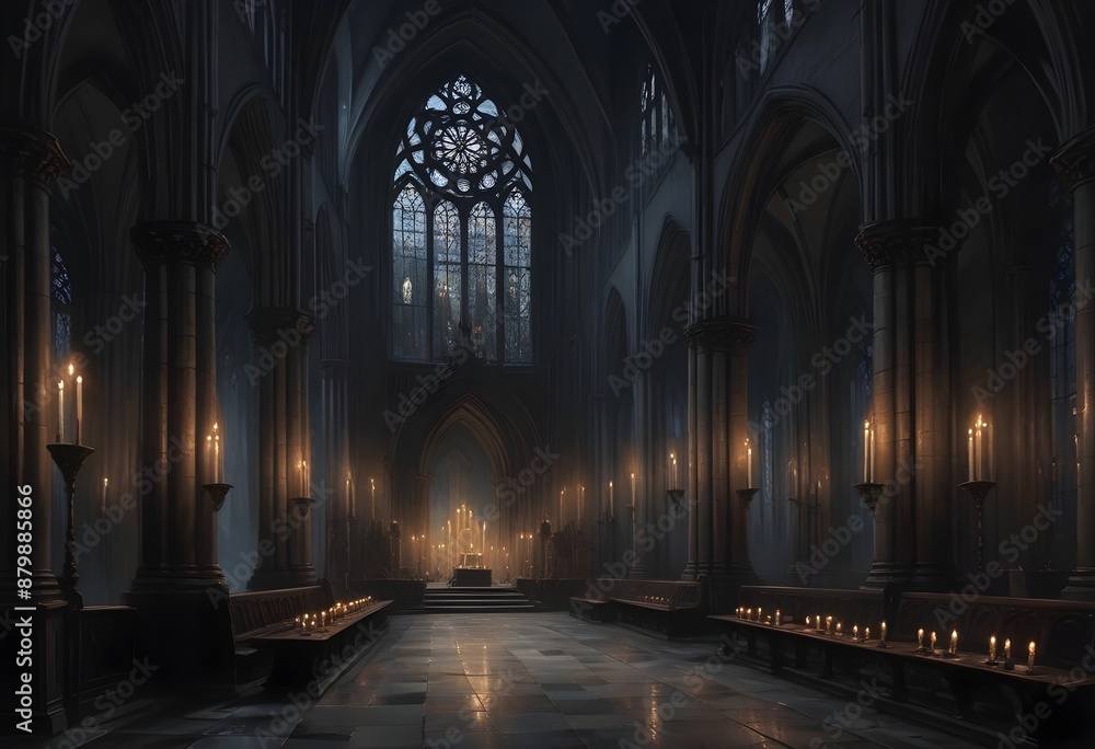 Obraz premium A dark, gothic cathedral interior with tall arched windows, candles, and a mysterious, ethereal atmosphere