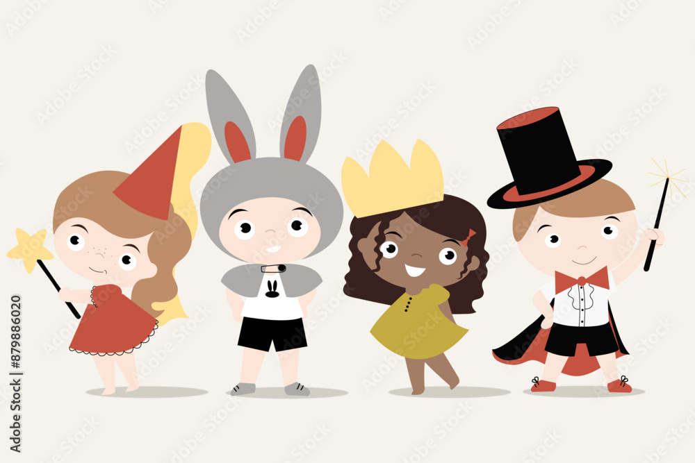 Vector set of funny childrens dressed up in carnival costume princess, hare, magician and sorceress. Vector set of funny childrens dressed up in carnival costume princess, hare, magician and sorceress.