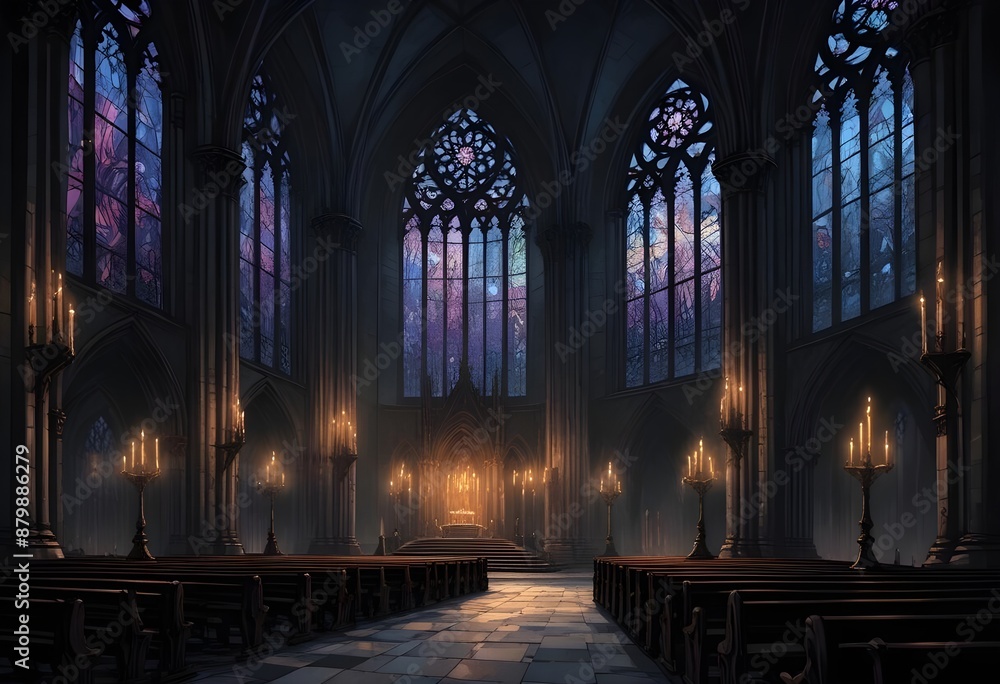 Fototapeta premium A dark, gothic cathedral interior with tall arched windows, candles, and a mysterious, ethereal atmosphere