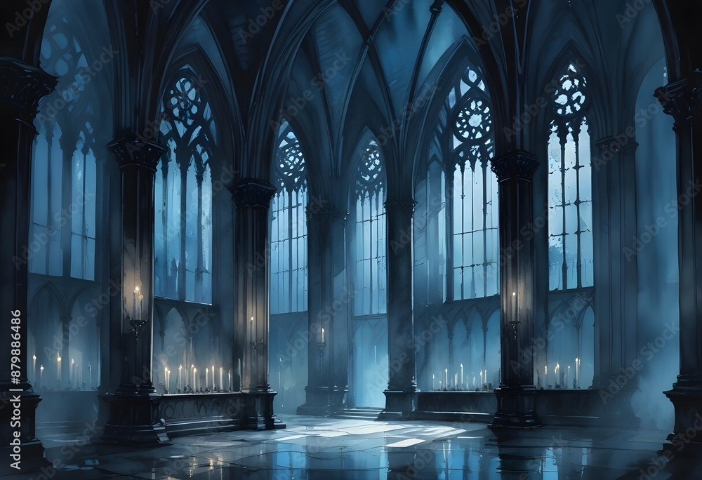 A dark, gothic cathedral interior with tall arched windows, candles, and a mysterious, ethereal atmosphere A dark, gothic cathedral interior with tall arched windows, candles, and a mysterious, ethereal atmosphere