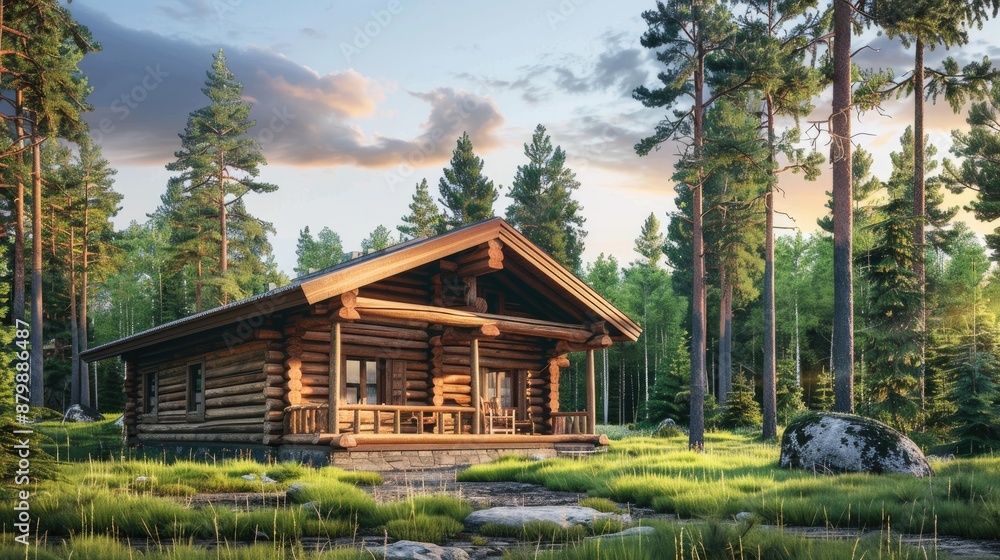 Wooden log cabin in spruce forest on sunny summer day Wooden log cabin in spruce forest on sunny summer day