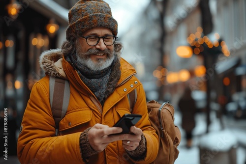 Happy man with travel bag text messaging on cell phone