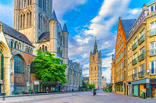 Korenmarkt Wheat Market square with Saint Nicholas Church and Belfry of Ghent Het Belfort van Gent medieval tower in Ghent city historical center, East Flanders province, Flemish Region, Belgium photo