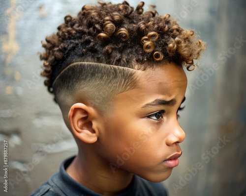 Close-up of a boy with a curly fade hairstyle, combining curls with a faded sides look. photo