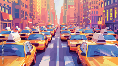 Traffic Jam Within the City with Many Yellow Taxis Cartoon Game Background Urban Traffic Congestion Rush Hour Downtown Street Gridlock Illustration