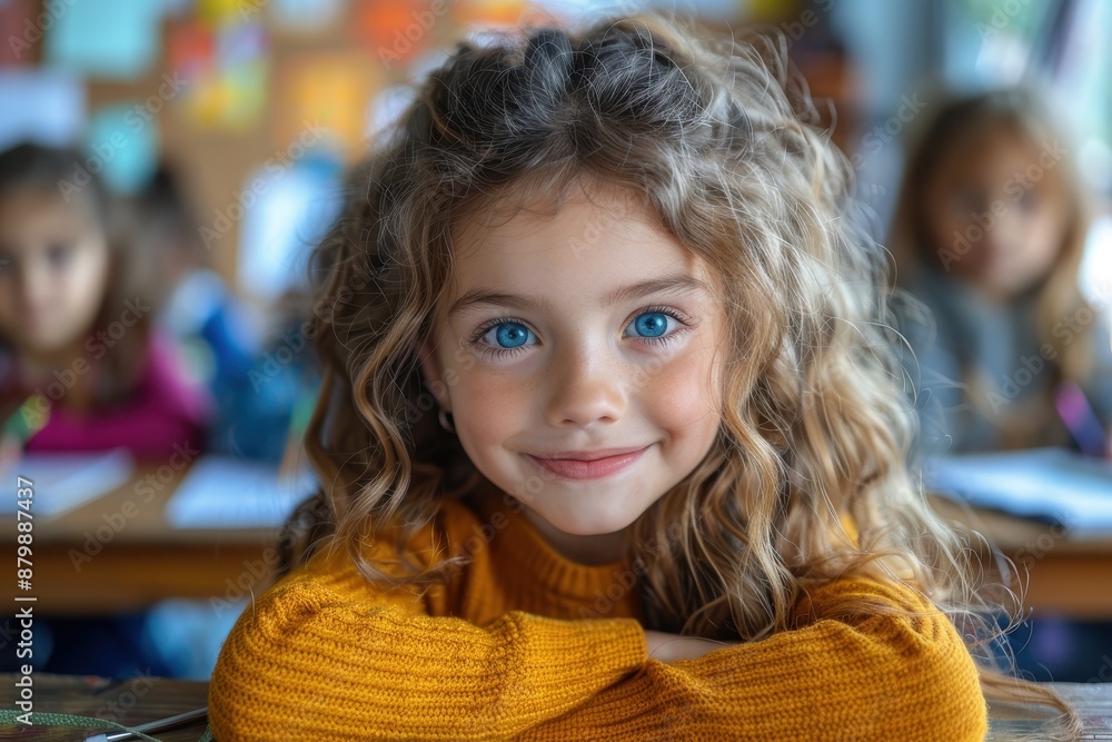 Cute Little Girl Smiling and Drawing in School Classroom, Holding Pen or Crayon for Coloring Book Activity, Portrait Photograph with Warm Colors and Soft Light
Cute Little Girl Smiling and Drawing in School Classroom, Holding Pen or Crayon for Coloring Book Activity, Portrait Photograph with Warm Colors and Soft Light