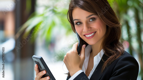 Businesswoman closing a deal over the phone, highly professional photo picture highlighting detailed expressions and clarity, businesswoman, with copy space photo