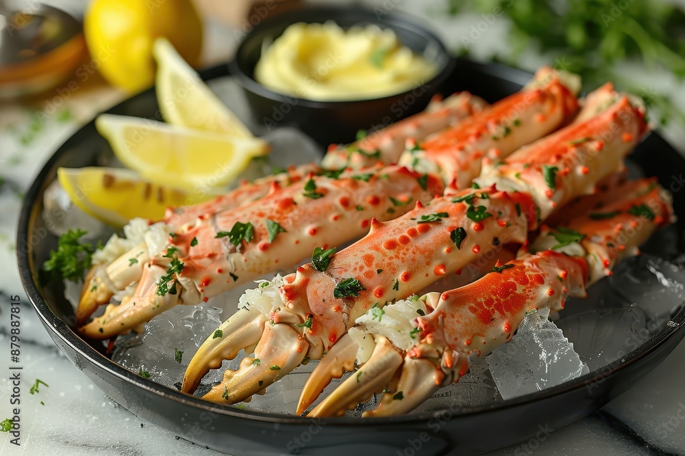 A serving of Alaskan king crab legs, presented on a bed of crushed ice with lemon wedges and a bowl of melted butter. A serving of Alaskan king crab legs, presented on a bed of crushed ice with lemon wedges and a bowl of melted butter.