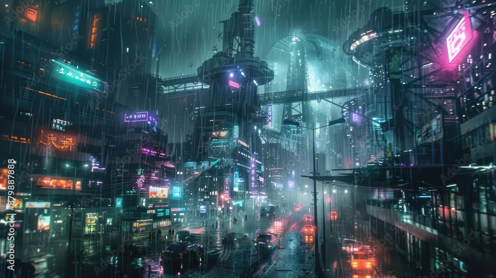 A dark, futuristic city with rain falling and neon lights glowing A dark, futuristic city with rain falling and neon lights glowing