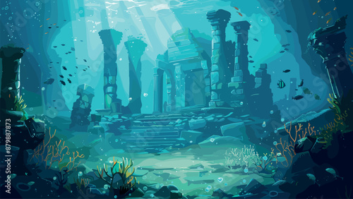 Underwater Landscape of Sunken Atlantis Cartoon Game Illustration Lost City Ruins Mythical Civilization Undersea Adventure Exploration Illustration