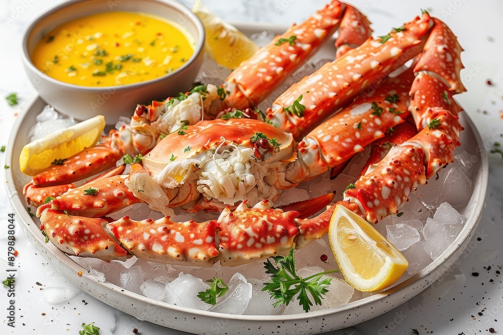 A serving of Alaskan king crab legs, presented on a bed of crushed ice with lemon wedges and a bowl of melted butter. A serving of Alaskan king crab legs, presented on a bed of crushed ice with lemon wedges and a bowl of melted butter.