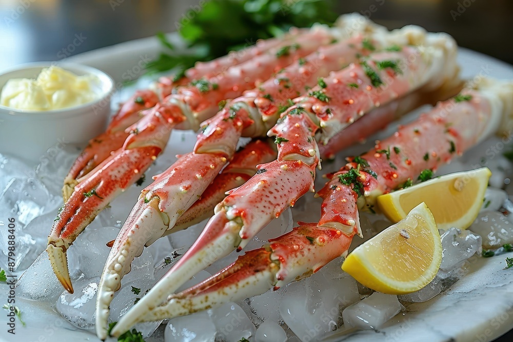 A serving of Alaskan king crab legs, presented on a bed of crushed ice with lemon wedges and a bowl of melted butter. A serving of Alaskan king crab legs, presented on a bed of crushed ice with lemon wedges and a bowl of melted butter.